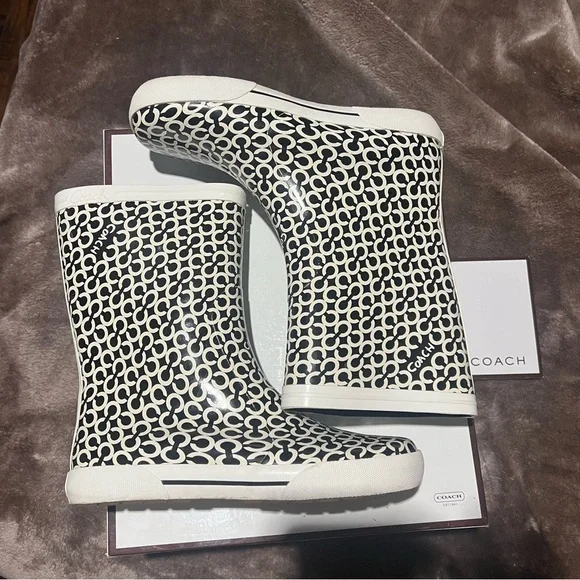 Coach Ursula Monogram Black and White Rain Boots - Picture 2 of 10